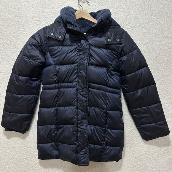 Abercrombie Kids Navy Blue Sherpa Lined Parka Hood Jacket Girls Size 9/10 - Picture 1 of 14